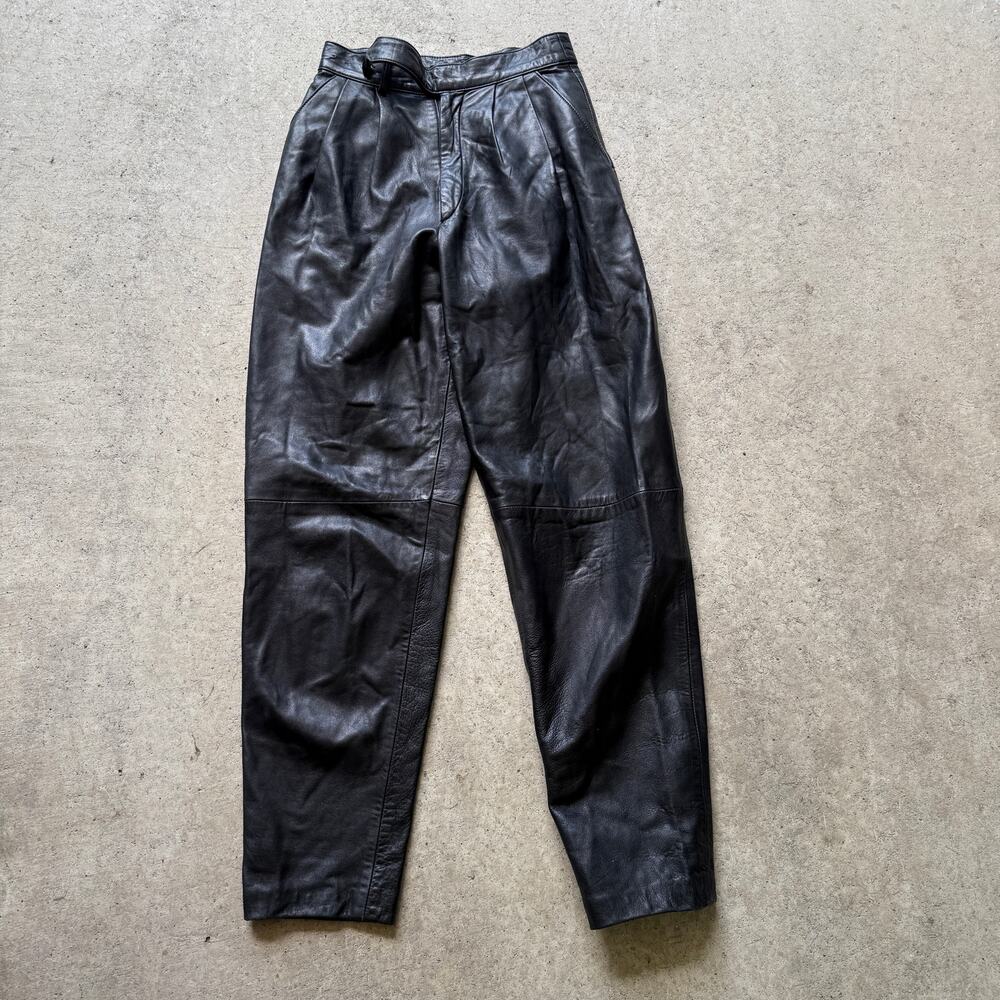 Women's Vintage 80's Black Soft Leather Pleated Retro Disco Pants Sz 25 x 27 VTG